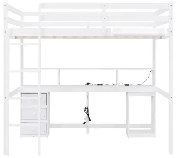 Hearth & Haven Zanesville - Full Loft Bed With Multi Storage Desk, Led Light, Bedside Tray And Charging Station - White