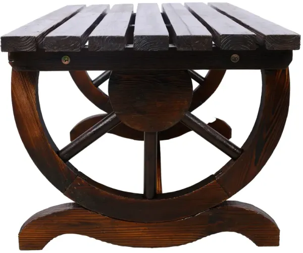 Rustic Wooden Bench With Wagon Wheel Legs For Garden And Patio - Brown
