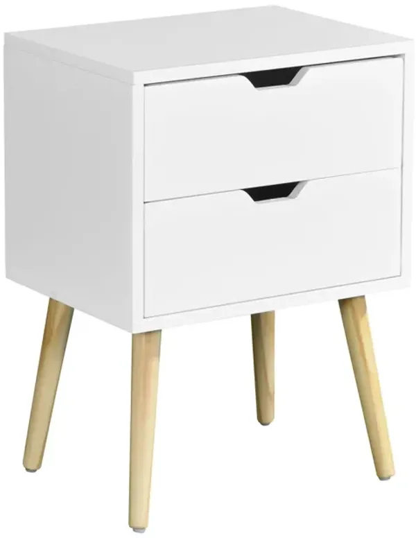 Mid Century Modern Side Table With 2 Drawers And Rubber Wood Legs - White