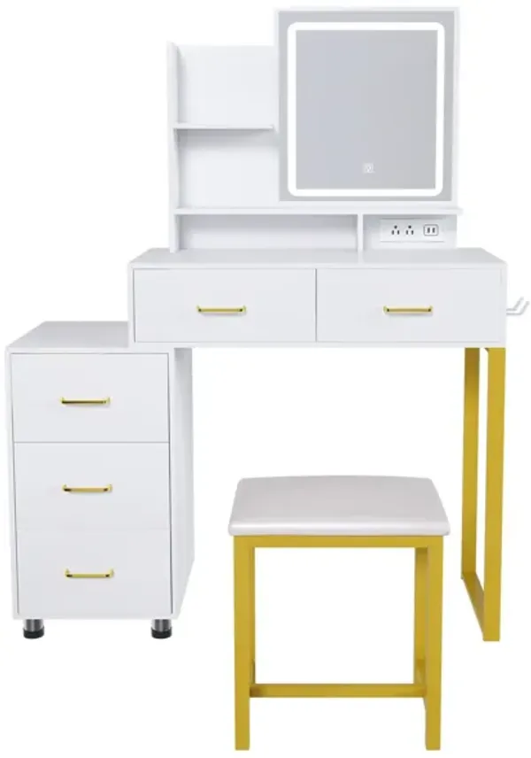 Elegant Makeup Vanity With Led Lights & Power Outlet - White