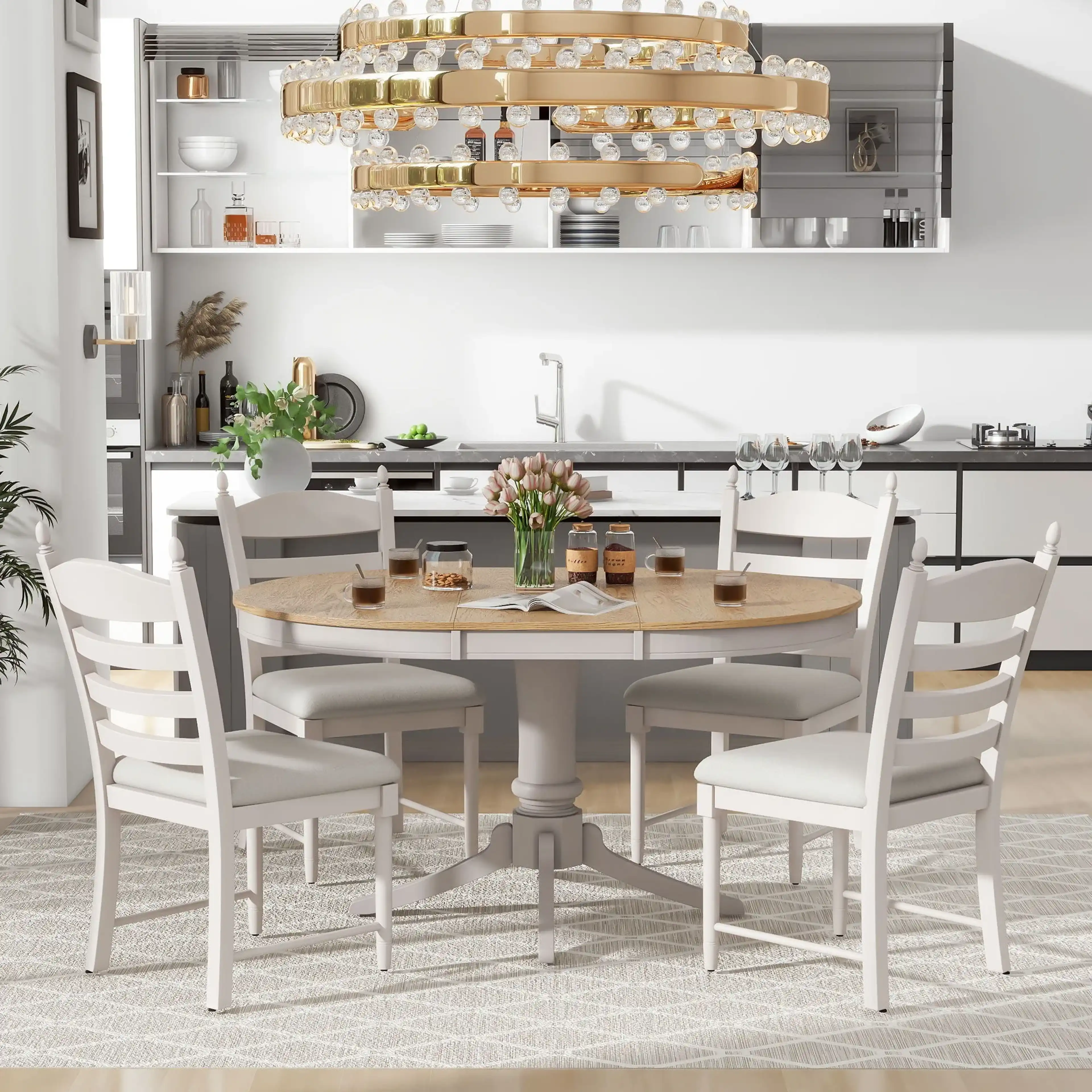 5 Piece Retro Functional Dining Table Set With Extendable Round Table ...