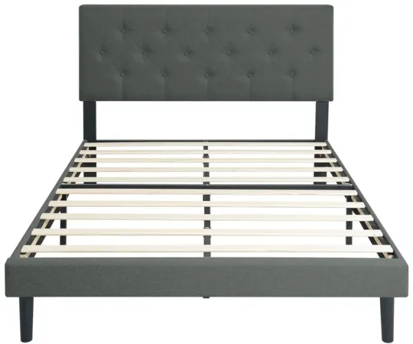 Modern Upholstered Platform Bed Frame With Button Tufted Linen Fabric Headboard