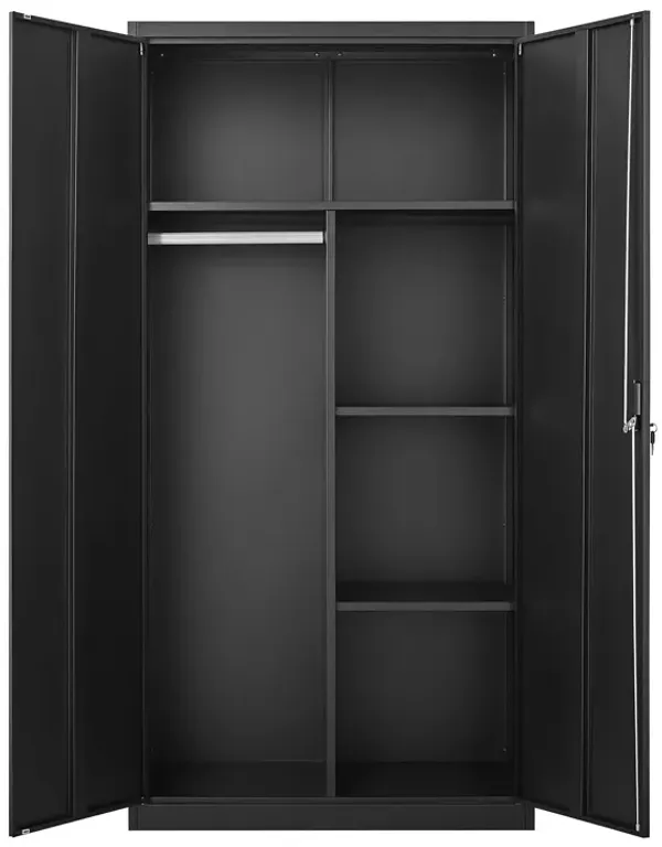 Metal Wardrobe Cabinet With Hanging Rod And Lock Adjustable Shelves Clothing Locker Storage - Black