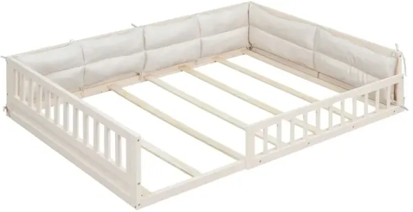 Wood Full Size Upholstered Platform Bed With Guardrail And Pillow - Beige