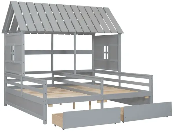 Twin Size House Platform Beds With 2 Drawers For Shared Use - Gray