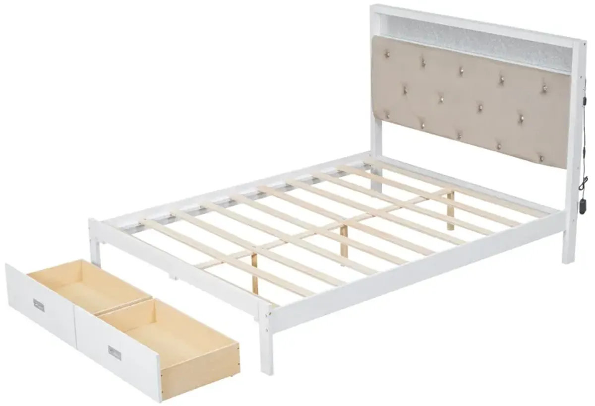 Elegant Wood Queen Size Platform Bed With Upholstered Headboard Led And Storage Drawers In Antique - Antique White