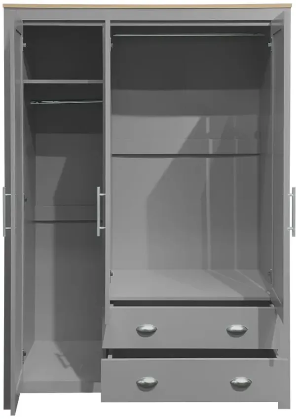 3 Door Storage Wardrobe With Cabinets And 2 Hanging Rods - Gray