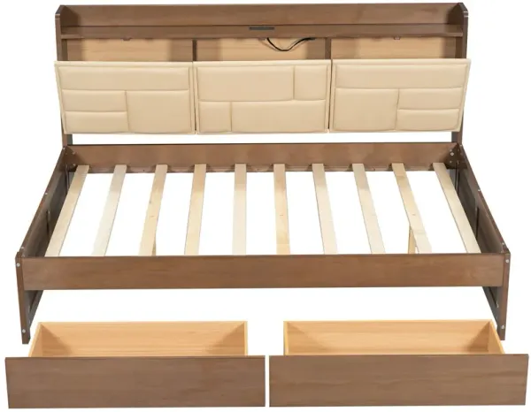 Full Wood Daybed With Upholstered Storage Shelves USB Ports And 2 Drawers Wood Color - Wood
