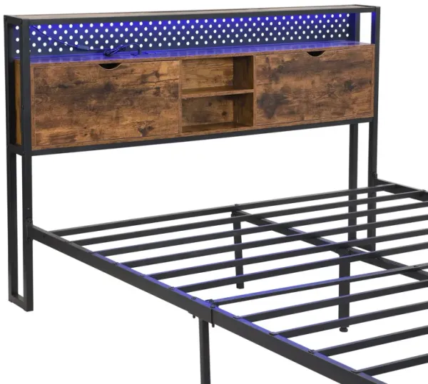 Modern Platform Bed, USB Charging Station, 2 Drawers, LED Lights