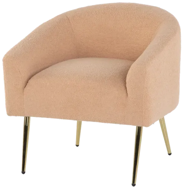 Light Brown Boucle Barrel Chair with Gold Metal Legs