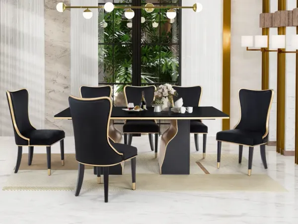 7 Piece Modern Black and Gold Dining Set