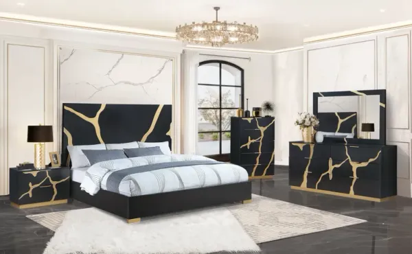 6 Piece Modern Bedroom Set - Black with Gold Accents