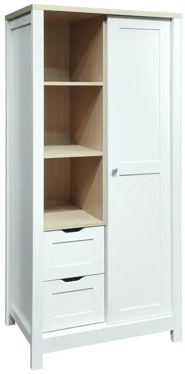 Modern Bedroom Storage Wardrobe With Hanging Rods, 2 Drawers, Open Shelves, Sliding Door - White