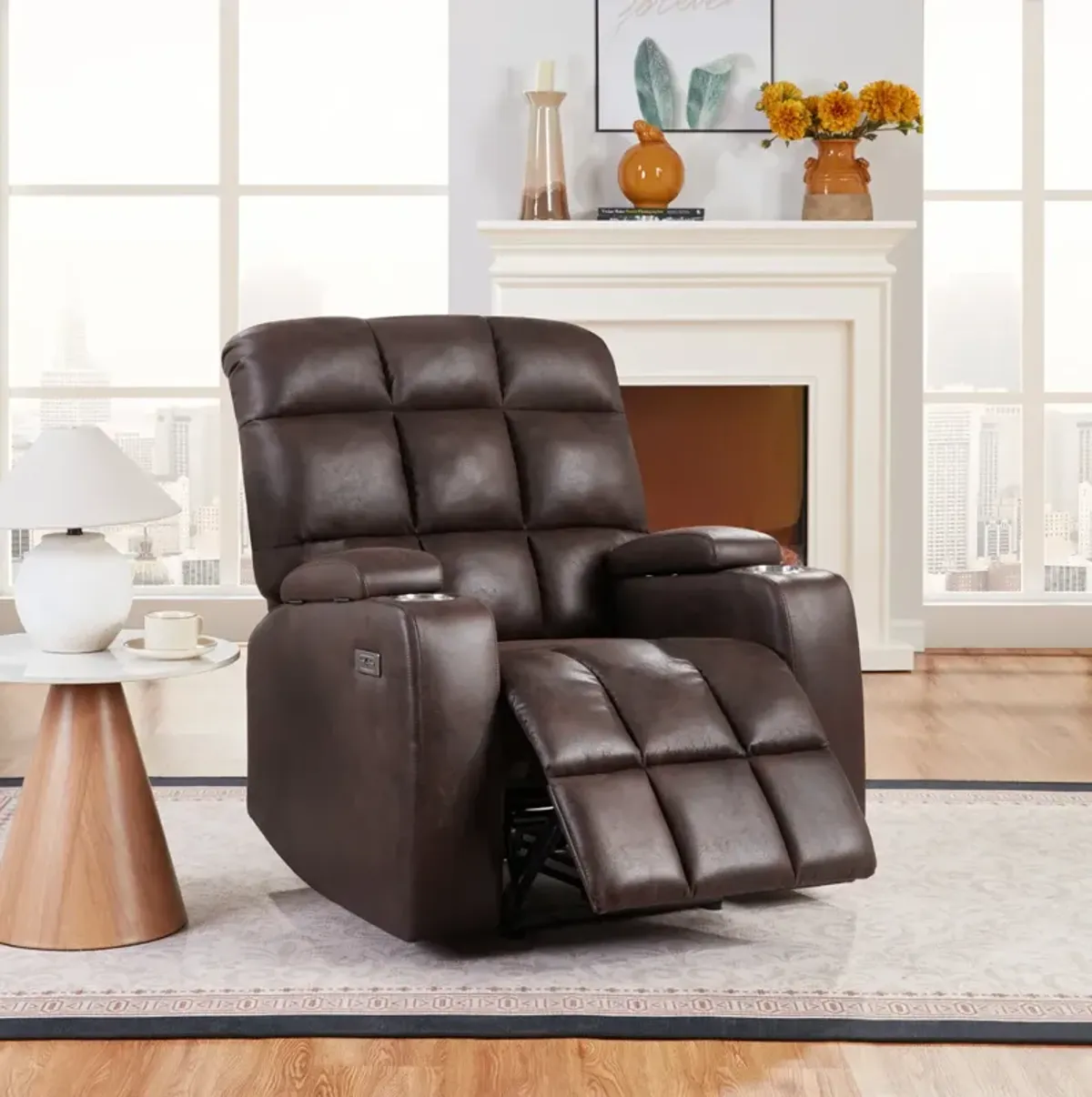 Power Recliner with Cup Holders and USB Charging - Brown