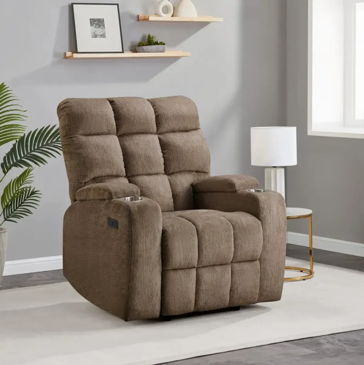 Power Recliner with Cup Holders and USB Charging - Light Brown