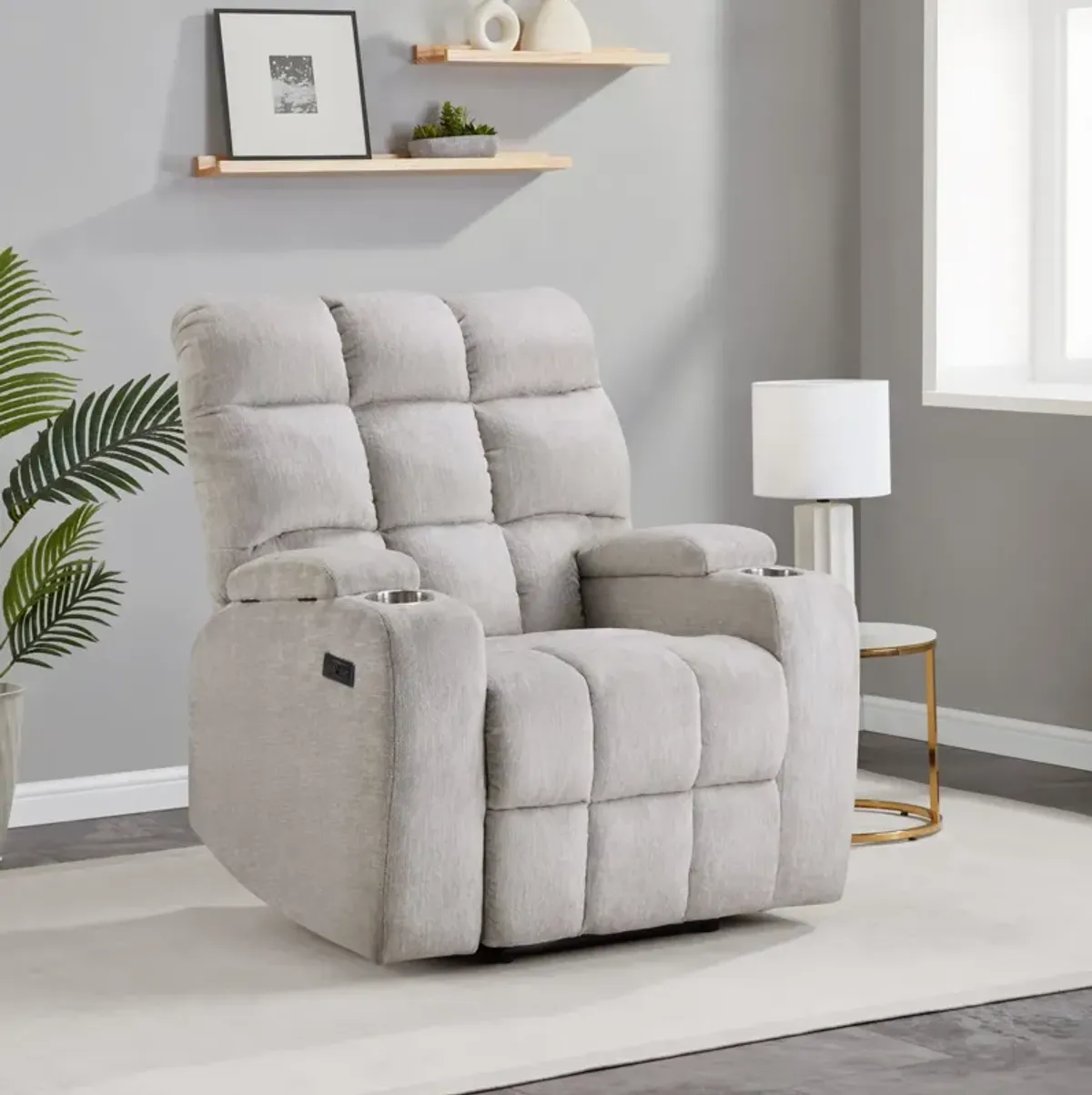 Power Recliner with Cup Holders and USB Charging - Beige