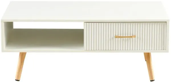 Modern Rectangle Coffee Table With Legs, Sliding Drawer For Storage - White