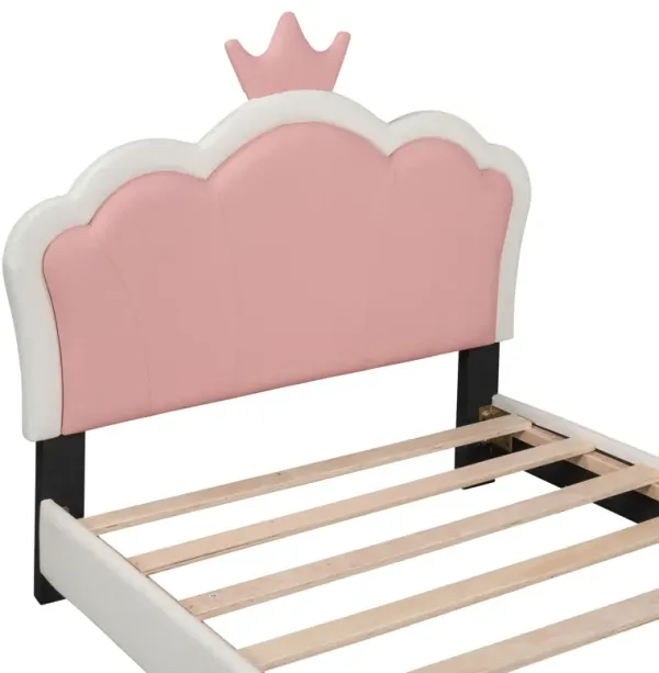 Twin Size Upholstered Princess Bed & Crown Headboard, Platform Bed With Headboard And Footboard - White / Pink