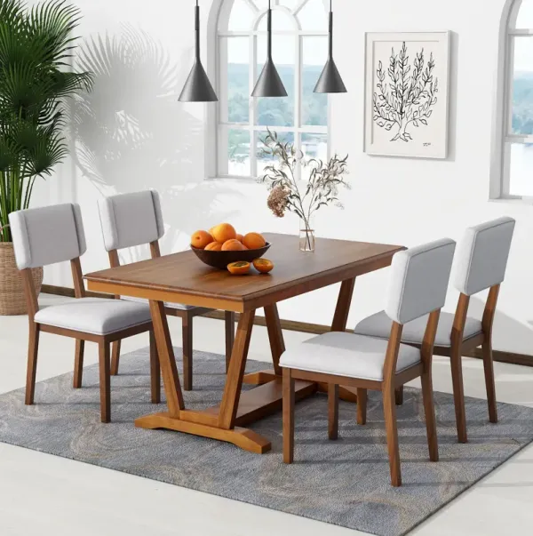 Topmax - 5 Piece Rustic Dining Table Set With 4 Upholstered Chairs, Rectangular Dining Table With Trestle Table Base