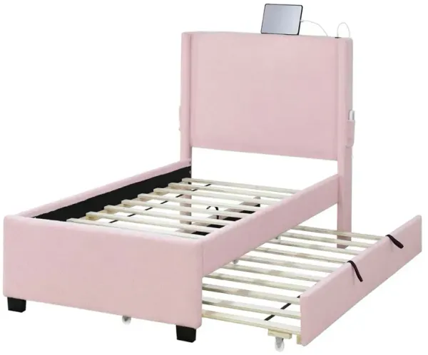 Twin Size Upholstered Bed Frame With Trundle Bed, Teddy Fabric, USB Functionality, And A Pocket Design On The Side Of The Headboard For Storing Small Items - Baby Pink