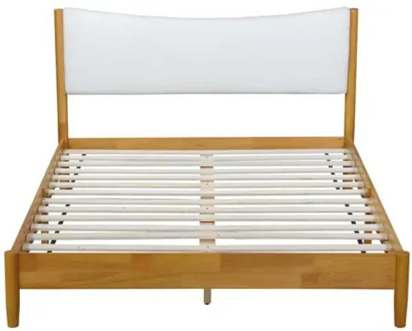 Queen Size Rubber Wooden, Solid Wooden Bed With Teddy Velvet Cushion Upholstered Headboard, Enhanced By Support Feet - Natural