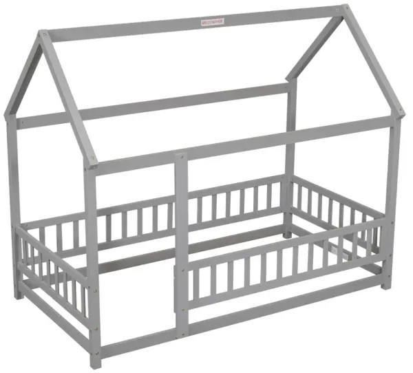 Floor Wooden Bed With House Roof Frame, Fence Guardrails