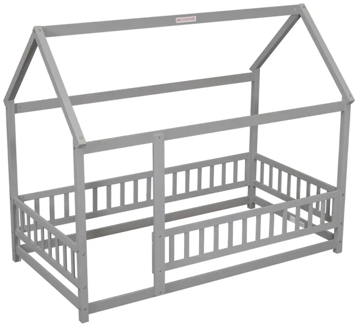 Floor Wooden Bed With House Roof Frame, Fence Guardrails