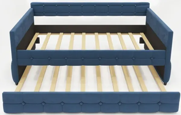Upholstered Twin Size Daybed Bed Frame (Corner Bed) With Trundle, Velvet Fabric, Studding Design, No Box Spring Required