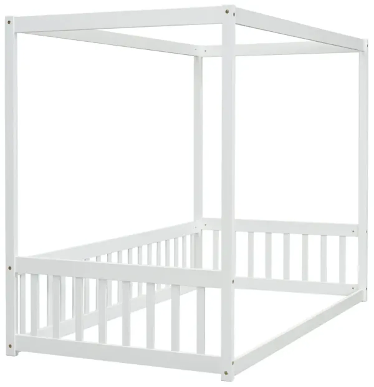 Canopy Frame Floor Bed With Fence, Guardrails