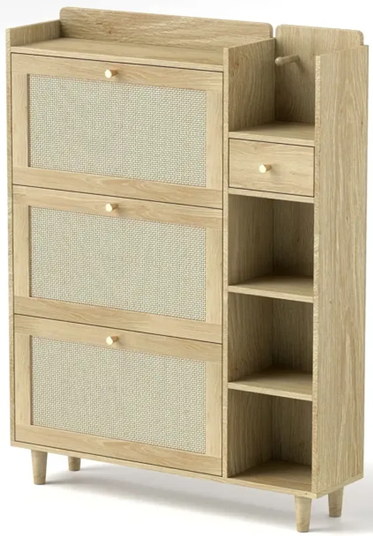 Natural Bohemia Style Shoe Cabinet, Shoe Rack Cabinet With 3 Rattan Flip Drawers, 3 Square Shelves And 1 Storage Drawer, Shoe Organizer With Mulit Storage Space And Hooks For Hallway, Entryway