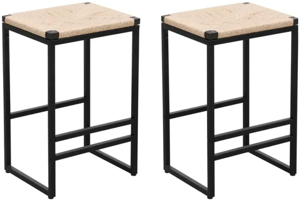 Boho Style Backless Bar Stools (Set of 2) With Paper Rope Woven Seat & Metal Frame For Kitchen Counter