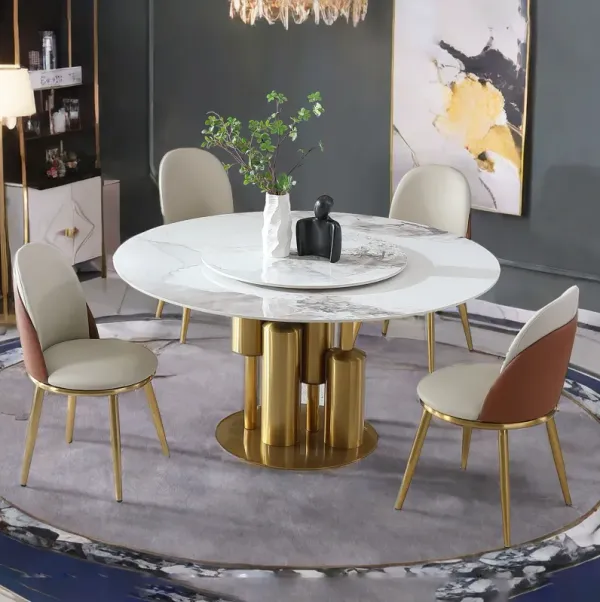 Round Stone Burning Table, Modern Marble Dining Table With Chairs
