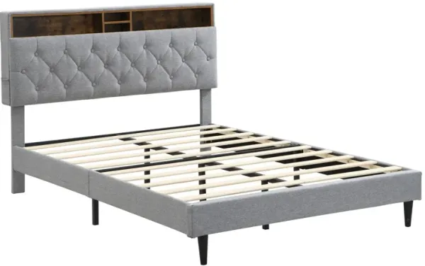 Modern Upholstered Platform Bed Frame With Button Tufted Headboard And USB Ports