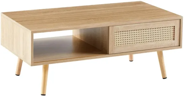 41.34" Rattan Coffee Table, Sliding Door For Storage, Solid Wood Legs, Modern Table For Living Room