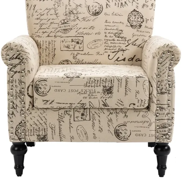 Mid-Century Modern Accent Chair, Linen Armchair With Tufted Back / Wood Legs, Upholstered Lounge Arm Chair Single Sofa For Living Room Bedroom