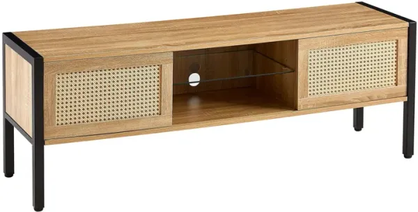 Rattan TV Cabinet With Variable Color Light Strip, Double Sliding Doors For Storage, Adjustable Shelf, Metal Legs, TV Console For Living Room