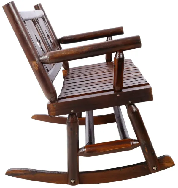 Rustic Outdoor Wood Rocking Bench Double Rocking Chair For 2 Persons With Curved Seat, Porch Rocker - Brown