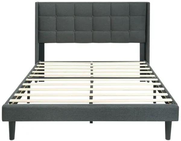 Queen Size Upholstered Platform Bed Frame With Button Tufted Linen Fabric Headboard - Dark Gray