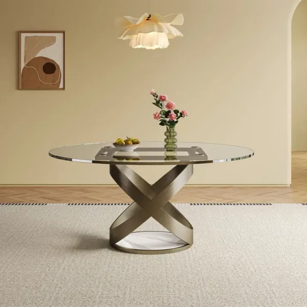 Modern Round Glass Top Dining Table Set With Carbon Steel Legs And 6 Chairs - White