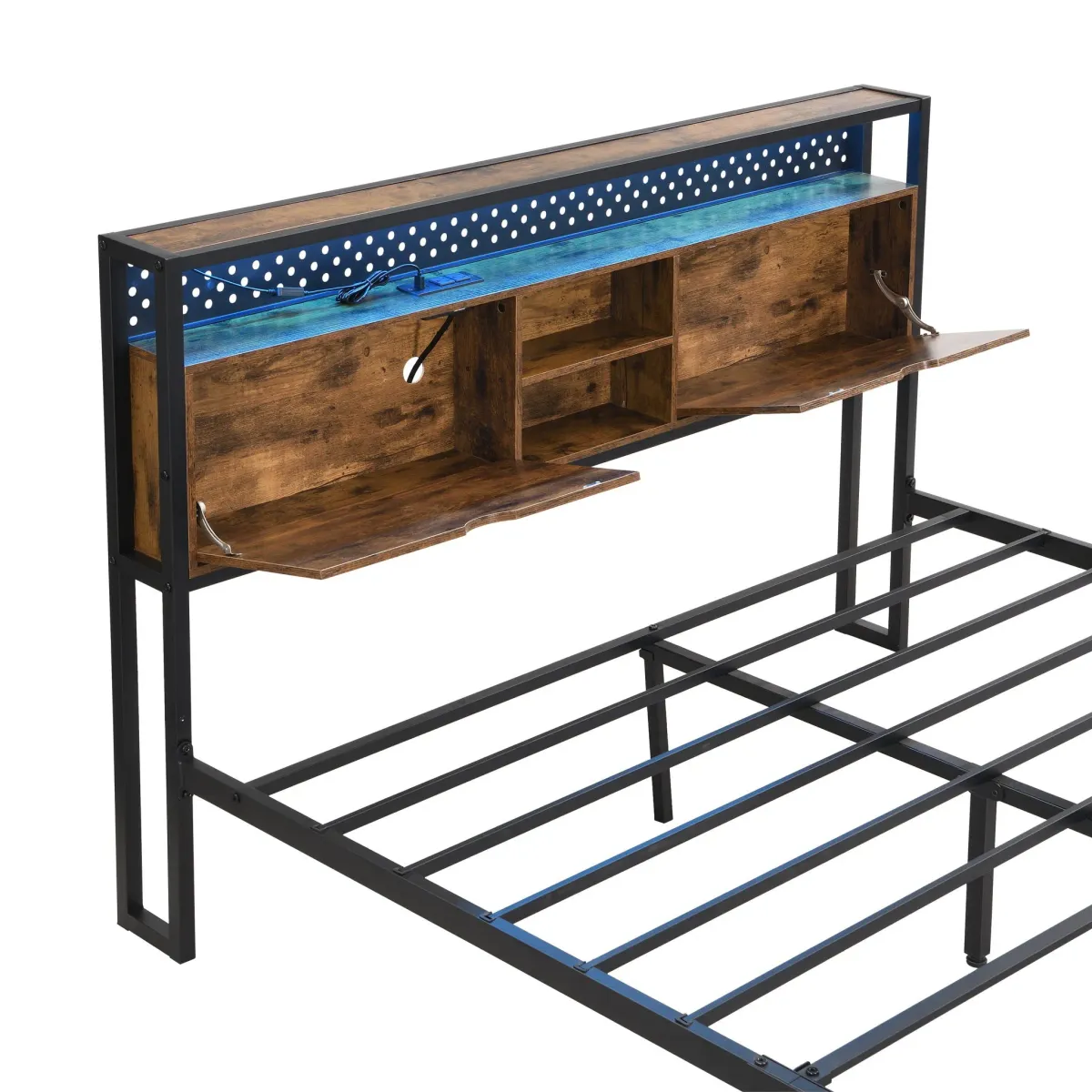 Modern Metal Platform Bed Frame With Wooden Headboard, USB Charging Station, Storage Drawers