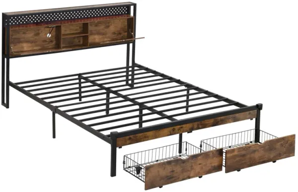 Modern Metal Platform Bed Frame With Wooden Headboard, USB Charging Station, Storage Drawers