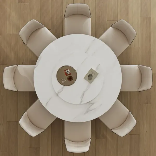 Modern Sintered Stone Dining Table With Round Turntable, Metal Pedestal, And Chairs