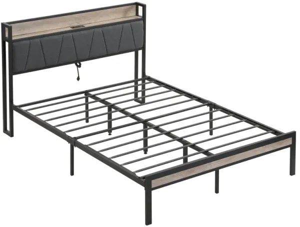 Modern Platform Bed Frame With Upholstered Storage Headboard, USB Ports