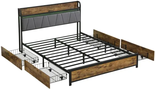 Contemporary Bed Frame With Storage Headboard, Charging Station, LED Lights