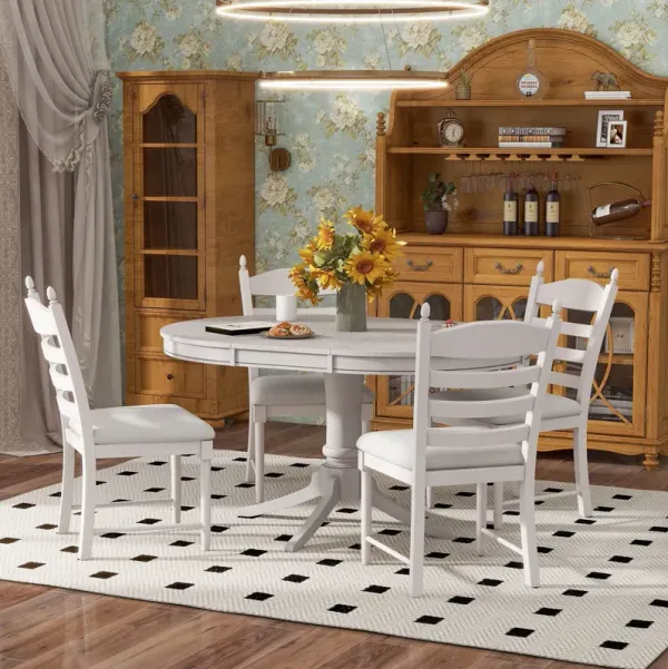 5 Piece Retro Functional Dining Table Set With Extendable Round Table And Upholstered Chairs