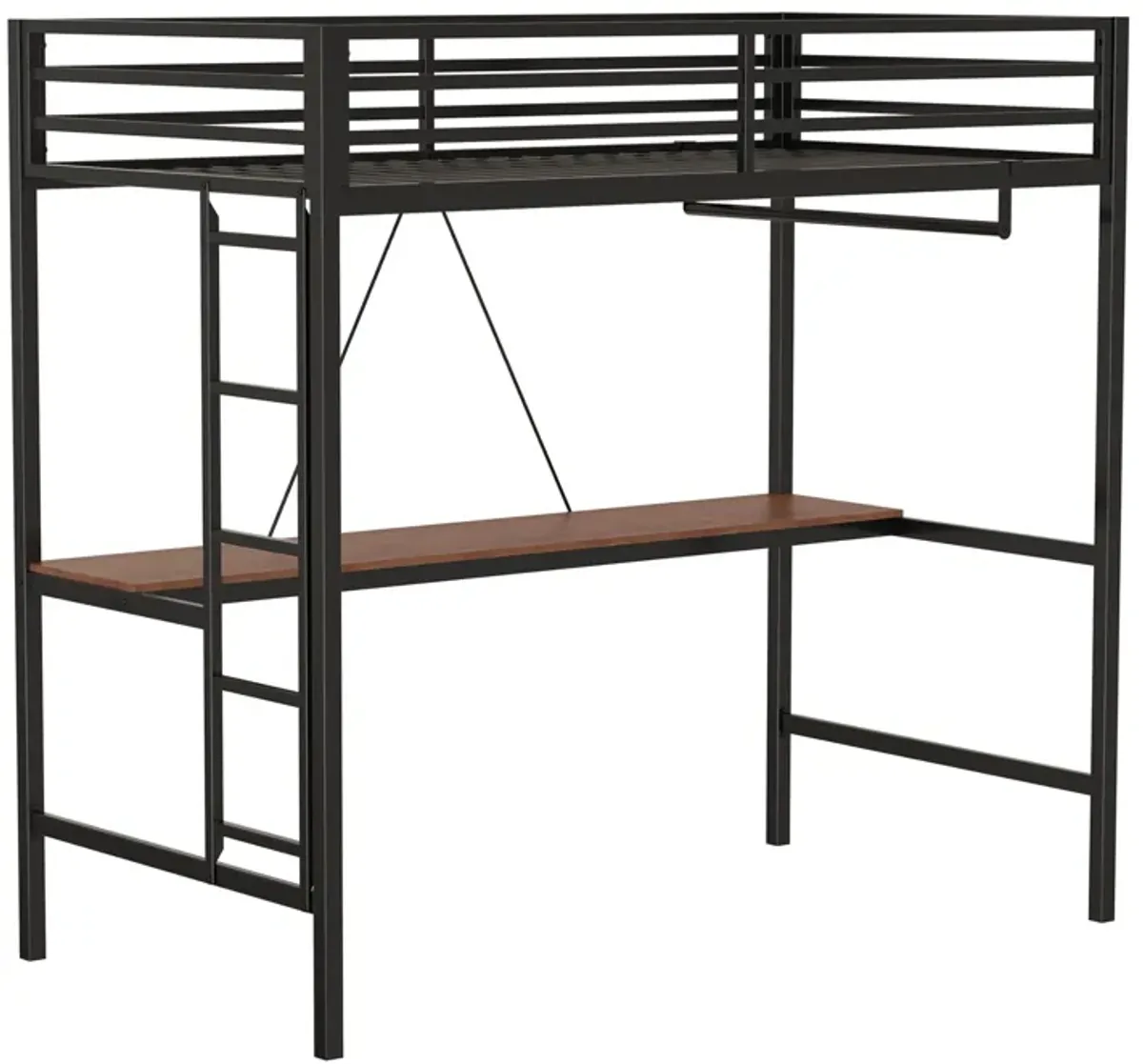 Adam - Twin Loft Bunk Bed With Cinnamon Wood Desk And Closet Rod - Black