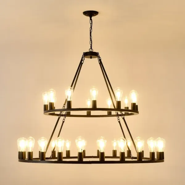Extra Large Wagon Wheel Chandelier, 2 Tier 36 Lights (No Include) Farmhouse Industrial Round High Ceiling Pendant Light Adjustable Chain, For Dining Room, Living Room, Kitchen - Black