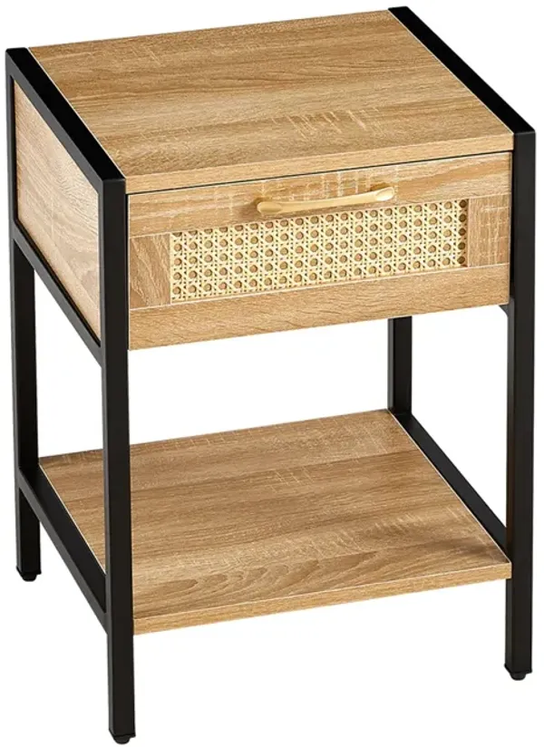 15.74" Rattan End Table With Drawer, Modern Nightstand, Metal Legs, Side Table For Living Room, Bedroom