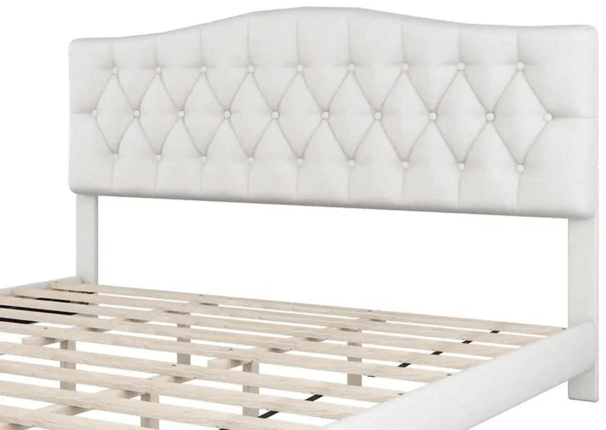 King Upholstered Platform Bed With Saddle Curved Headboard And Diamond Tufted Details - Beige