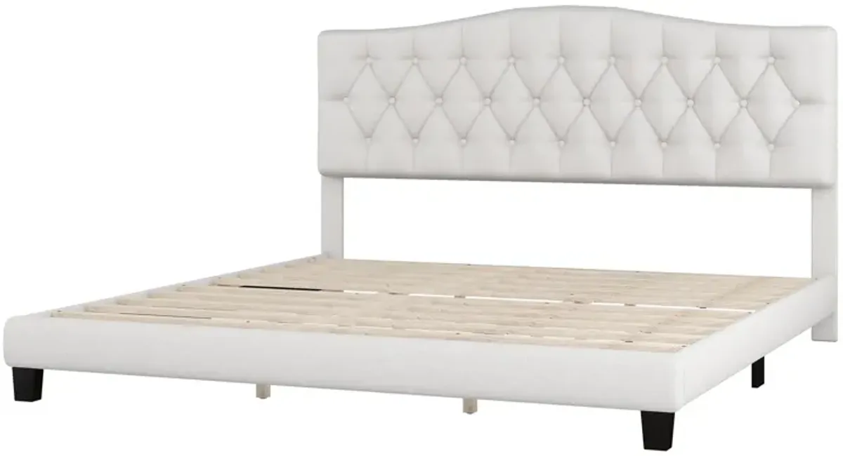 King Upholstered Platform Bed With Saddle Curved Headboard And Diamond Tufted Details - Beige